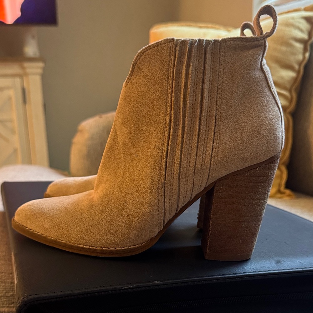 BEAST FASHION Tan Suede Stacked Heel Ankle Booties